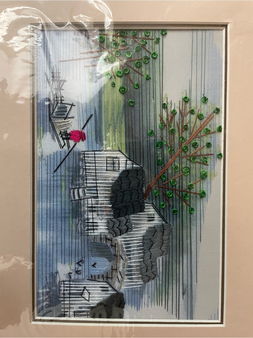 Vintage Chinese Silk Embroidery Art – Water Village Bridge & Blossoms NWOT